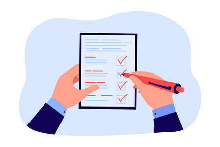 Businessmans hands holding document on clipboard and pen. Man confirming business plan checklist with checkmarks in notepad flat vector illustration. Inspection, survey, project reminder conceptのイラスト素材