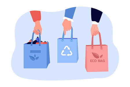 Hands of people holding eco bags or shoppers for groceries. Reusable, organic, ecological bags for food flat vector illustration. Zero waste, shopping concept for banner or landing web pageのイラスト素材