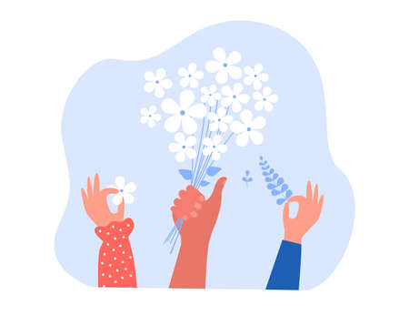 Hands holding bouquets of cute meadow flowers. Bunches of elegant blooming wild flowers with white petals as gift flat vector illustration. Summer, floristry, plants concept for banner, website designのイラスト素材