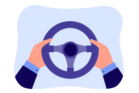 Businessmans hands holding steering wheel of car. Male driver driving automobile on highway flat vector illustration. Test drive, school concept for banner, website design or landing web pageのイラスト素材