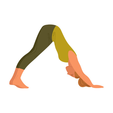 Yoga pose, physical exercise of woman, face down. Vector illustrations of girl stretching body. Cartoon female character trainingのイラスト素材