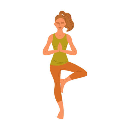 Yoga pose, physical exercise of woman. Tranquility, relaxation, meditation. Vector illustrations of girl stretching body. Cartoon female character trainingのイラスト素材