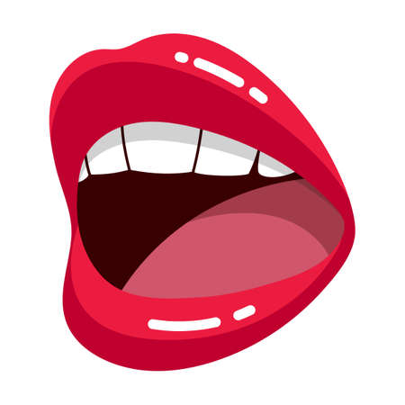 Sexy female open mouth with white teeth, lips with red lipstick cartoon illustration. Woman and girls lipsのイラスト素材