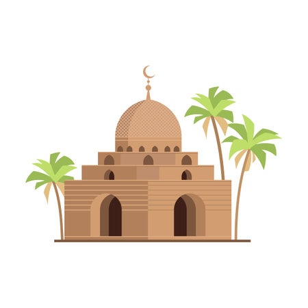 Traditional Islamic building flat vector illustration. Old or ancient castle in desert or street, shop or market buildings, heritage of Africaのイラスト素材