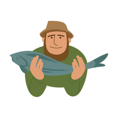 fisherman shows a trophy catch of fish. Cartoon vector isolated on white backgroundのイラスト素材