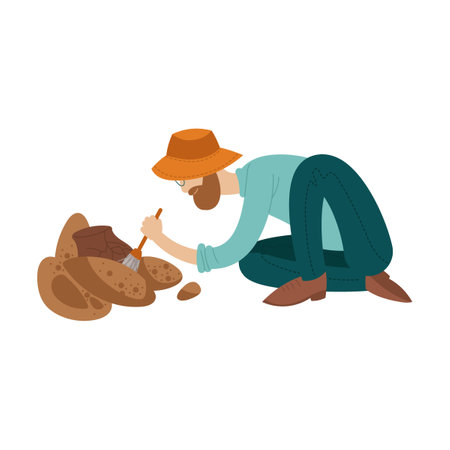 scientist in hat cleans Search and study fragments of ancient ceramic vase. Cartoon vector illustration of science artifactsのイラスト素材