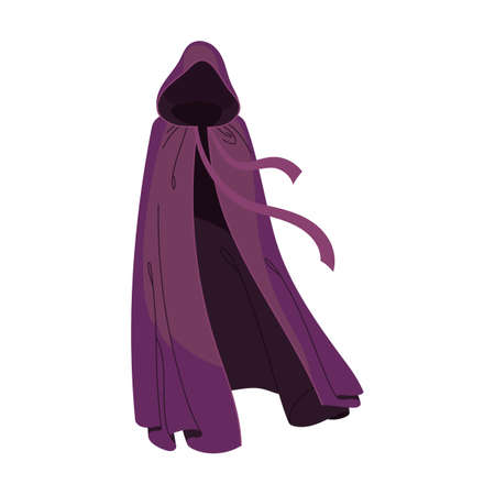 female hooded Cloak of magic character. Vector illustration of clothes flying on wind. Cartoon Dracula cloak, superhero cape with hood isolated on whiteのイラスト素材
