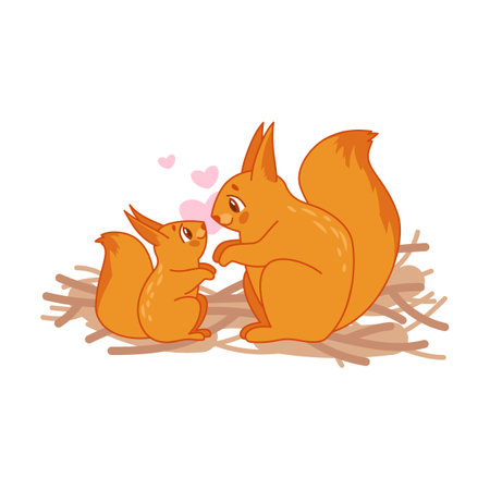 Cute squirrel and fluffy baby animal character vector illustration, cartoon characters with babies on white background. Petsのイラスト素材