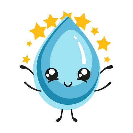 Water drop juggles the stars, cute character. Vector illustration of funny blue aqua mascot. Cartoon cold clear raindrop or splash of liquid isolated on whiteのイラスト素材