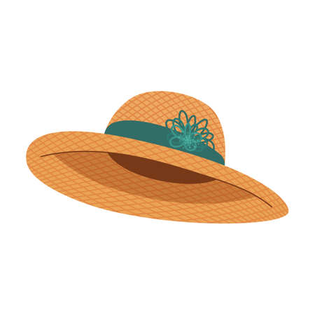 straw hat with abstract floral decoration vector illustration. Summer designs of yellow hat with wide brims, clothes for farmers isolated on white backのイラスト素材