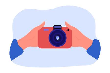 Hands of person holding camera and taking selfie. Front view of photo camera flat vector illustration. Photography, memories, technology concept for banner, website design or landing web pageのイラスト素材