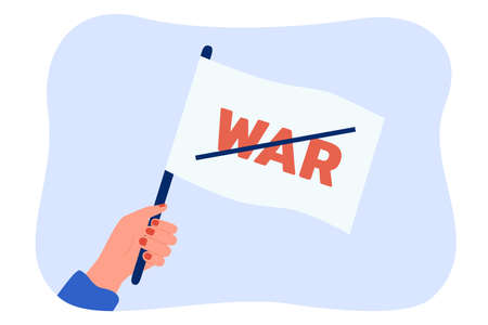 White flag with crossed out word war in human hand. Person protesting against violence, invasion, battle or fight flat vector illustration. Freedom, peace, unity conceptのイラスト素材