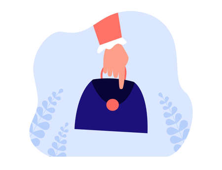 Female hand holding stylish bag. Woman with trendy purse flat vector illustration. Fashion, style, shopping concept for banner, website design or landing web pageのイラスト素材