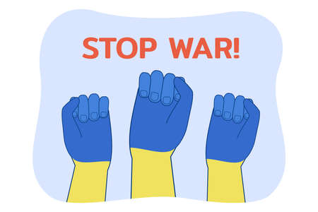 Raised fists in colors of Ukraine flag flat vector illustration. Stop war. People protesting against violence. Demonstration, unity, nation, freedom, peace conceptのイラスト素材