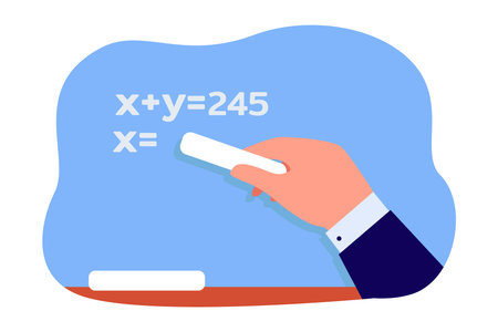 Hand of student holding chalk and solving equation. Person writing on blackboard flat vector illustration. Education, math concept for banner, website design or landing web pageのイラスト素材