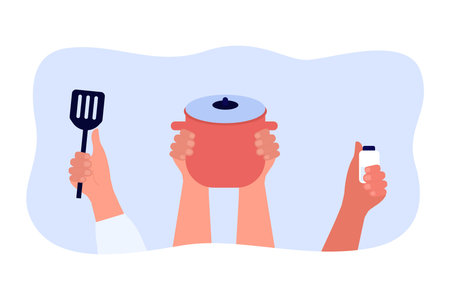 Hands holding different kitchen utensils. Hands of people with spatula, pot and seasoning or spice bottle flat vector illustration. Kitchenware, cooking concept for banner or landing web pageのイラスト素材