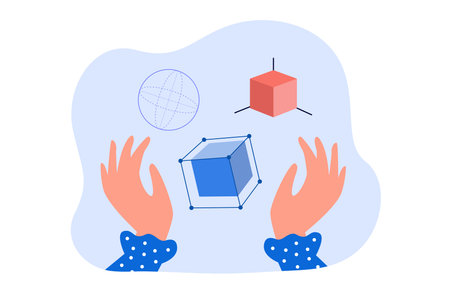Hands with different geometric 3D shapes. Cubes, sphere flat vector illustration. Geometry, math,...