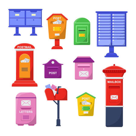 Old metal mailboxes set. Vector illustrations of vintage street postbox for wall of house. Cartoon empty classic letterbox or box full of envelopes in slot isolated white. Post service, inbox conceptのイラスト素材