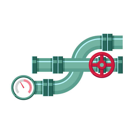 difficult intersection, Broken metal pipe with leakage of water. Vector illustration of industrial pipelines with leaks. Cartoon tap, pressure meter isolated on whiteのイラスト素材