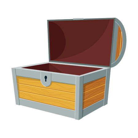 open chest for treasure. Open empty wood box with metal frames. Cartoon ancient container for pirates isolated on white. Game UI, toy conceptのイラスト素材