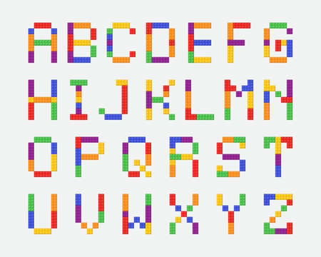Alphabet from colorful toy bricks cartoon illustration set. Rainbow letters from blocks for children posters, games, banner or to compose word. ABC typography, font conceptのイラスト素材