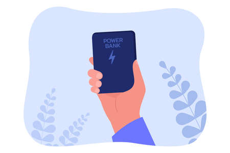 Cartoon hand holding power bank. Portable accumulator for charging mobile devices flat vector illustration. Technology, energy concept for banner, website design or landing web pageのイラスト素材