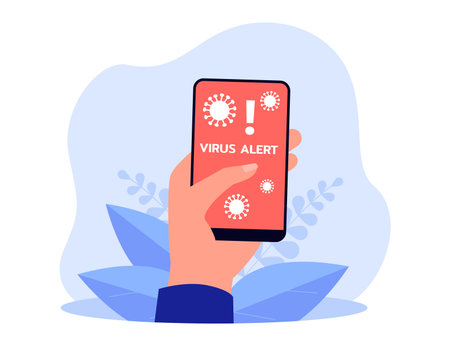 Hand holding cellphone with virus alert on screen. Person getting virus warning flat vector...