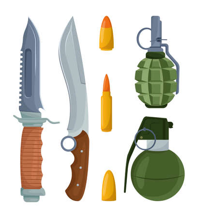 Sharp knives, bullets and grenades cartoon illustration set. Military equipment for soldiers on white background. Blade weapon, war, military conflict, assault conceptのイラスト素材