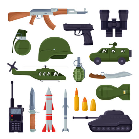 Army weapons illustration set. Military equipment. Vector pictures of missile, tank, launcher, rocket in flat style. War, battle conceptのイラスト素材