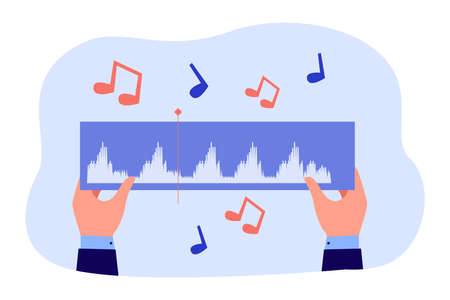 Hands of music producer holding audio track. Person making or recording song, flying note symbols flat vector illustration. Music, production, media concept for banner, website design or landing pageのイラスト素材