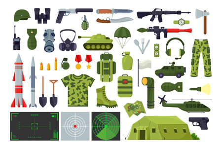 Military equipment illustration set. Collection of cartoon images of weapon, soldier uniform. War, battle, terrorism conceptのイラスト素材