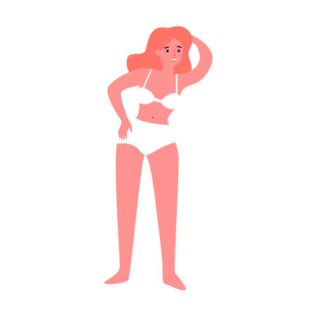 Body positive female character flat vector illustration. Happy plus size girls in swimsuits with different figuresのイラスト素材