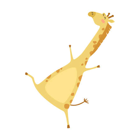 Funny giraffe with flower cartoon illustration. Cute happy wild animal Isolated on white backgroundのイラスト素材