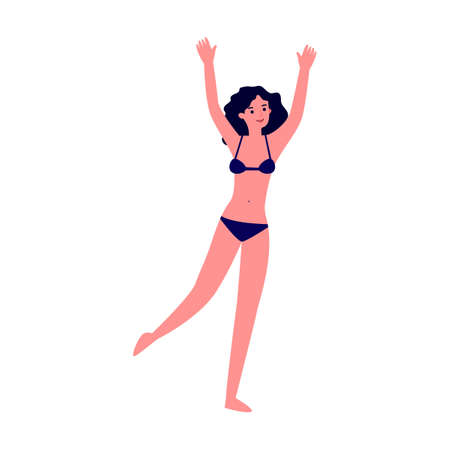 Positive female character in bikini waving by hands flat vector illustration. Happy plus size girls in swimsuits with different figuresのイラスト素材