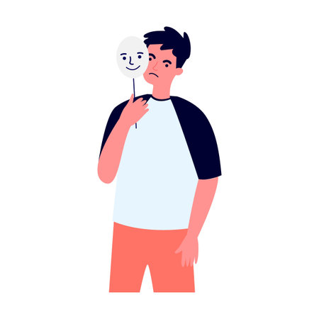 Depressed guy holding positive masks on sticks. Sad people covering unhappy faces. Vector illustration for emotion, personality, psychologyのイラスト素材