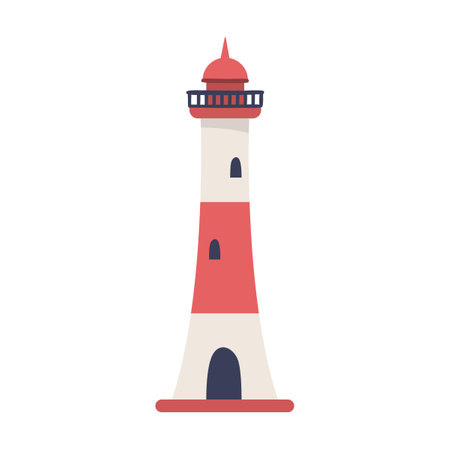 Coastal lighthouse. Cute underwater animals, sea robbers cartoon illustration. Ship with anchor, crab, octopus, childish captain character on white backgroundのイラスト素材
