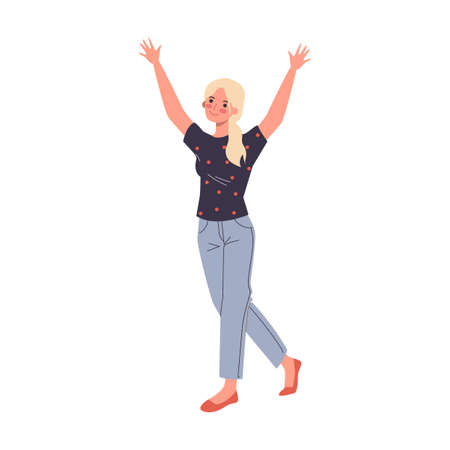 Girl happily raised her hands up, celebrating birthday. Friends tossing mate in air flat vector illustration. Party, friendship, event, fun conceptのイラスト素材