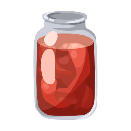 Hot chili pepper cartoon illustration. Pickled peppers in glass jar. Vegetables with green leaves isolated on white backgroundのイラスト素材