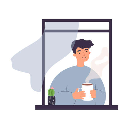 Neighbor man life through open window. Housemates hugging, watering houseplants, drinking morning coffeeのイラスト素材
