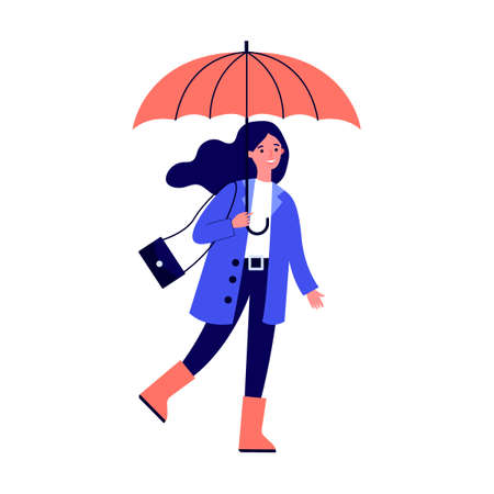 Happy smiling girl with umbrella walking in rainy day flat vector illustration. Woman staying outdoor in falling weather. Female character going in rainのイラスト素材