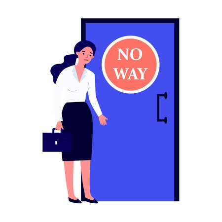 Woman standing near closed door and man going into open one flat vector illustration. Social inequality making obstacles for work and businessのイラスト素材