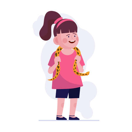 Small girl playing with domestic snake. Kids holding their snake and parrot flat vector illustration. Pets, animal care, petting zoo concept for bannerのイラスト素材
