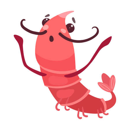 Cute shrimp cartoon illustration. Happy, frightened and surprised pink prawn characters in different poses isolated in whiteのイラスト素材