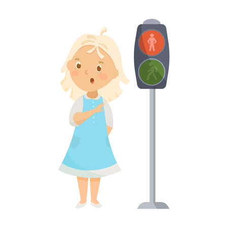 Red traffic light. School kid learning traffic rules cartoon illustration. Cute children crossing road on green light, walking on street crosswalkのイラスト素材