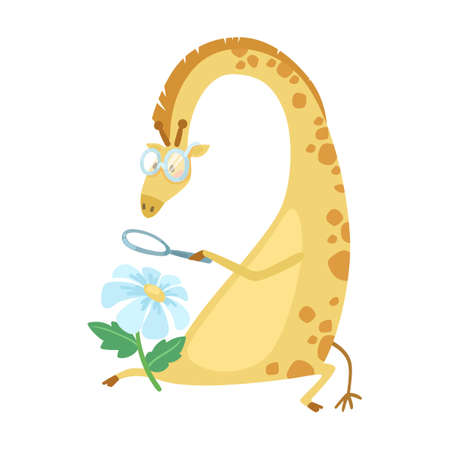 Funny giraffe looking at flower with magnifying glass cartoon illustration. Cute happy wild animal Isolated on white backgroundのイラスト素材