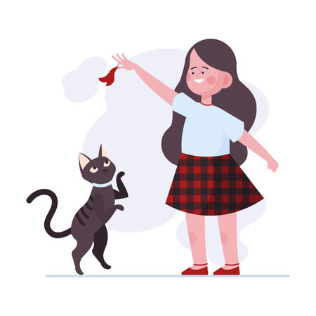 Girl playing with cat. Kids holding their snake and parrot flat vector illustration. Pets, animal care, petting zoo concept for bannerのイラスト素材