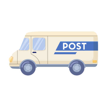 Postman and delivery service. Vector illustration of mailman with bag delivering letters and boxes. Cartoon postal bicycle and carのイラスト素材