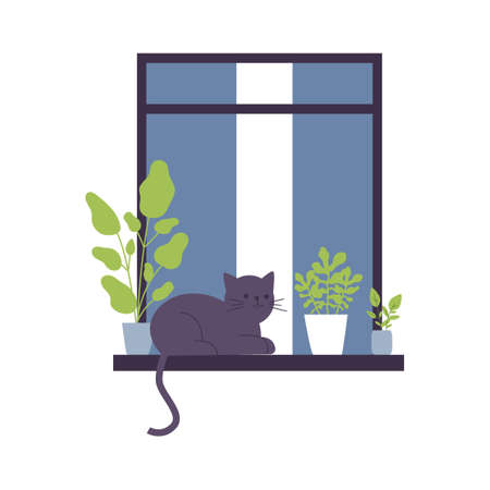Cat life through open window. Housemates hugging, watering houseplants, drinking morning coffeeのイラスト素材