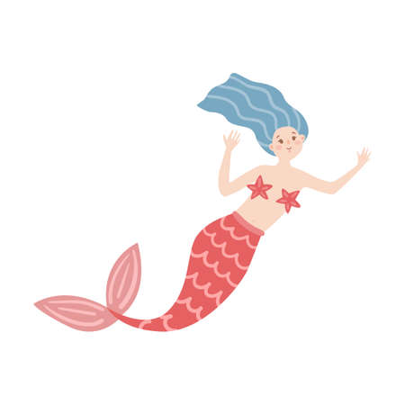 Cute underwater mermaid, sea robbers cartoon illustration. Ship with anchor, crab, octopus, childish captain character on white backgroundのイラスト素材