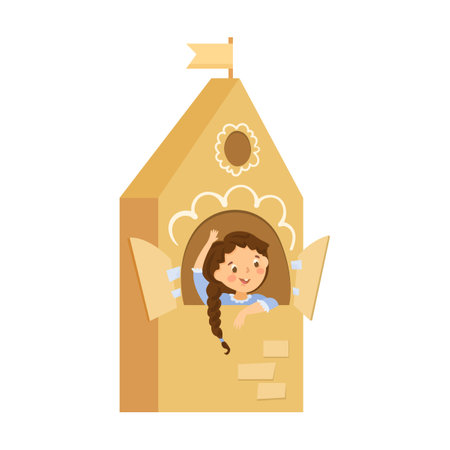 Princess girl in tower. Kid game in cardboard box costume. Vector illustration of playing creative girls and boys. Cartoon cute child isolated on whiteのイラスト素材